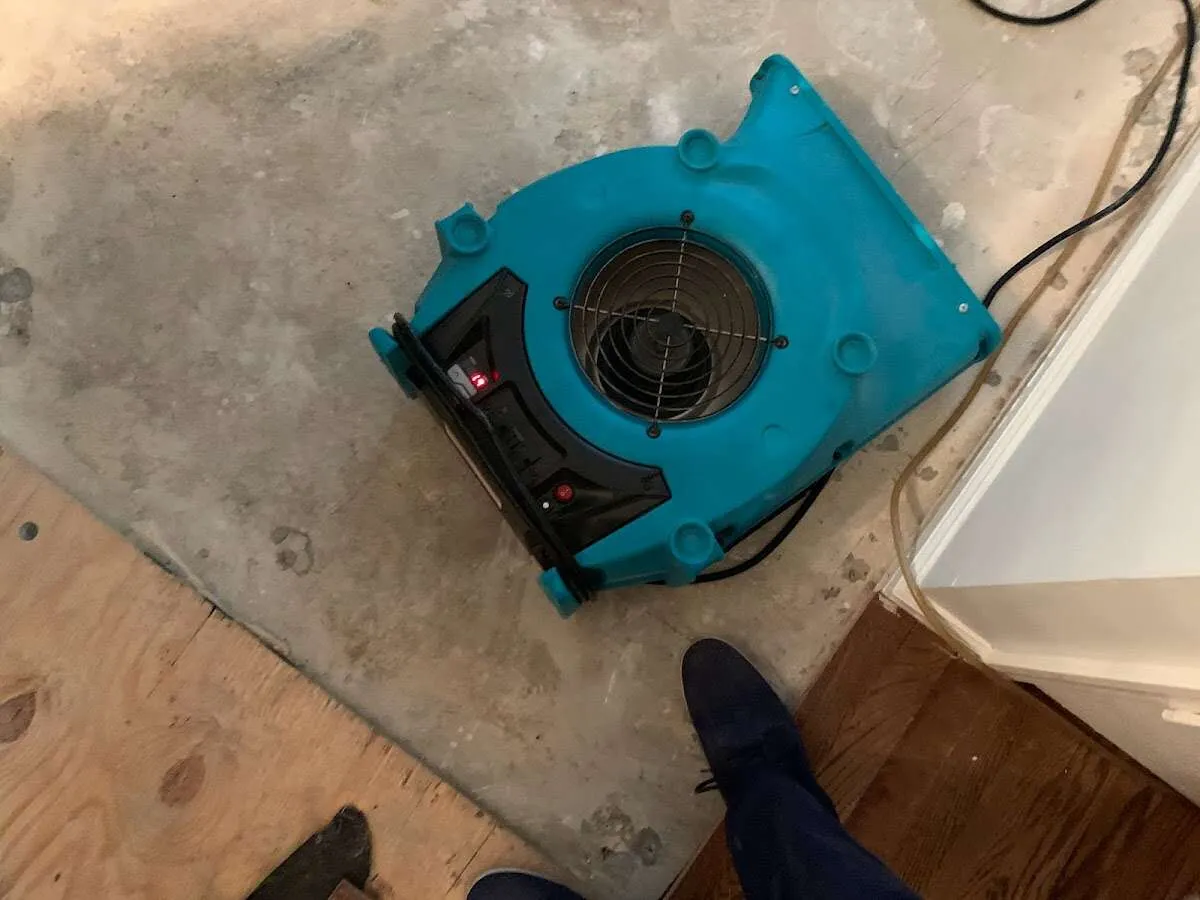 Air mover drying subfloor during Leak Detection & Repair in Palm Beach